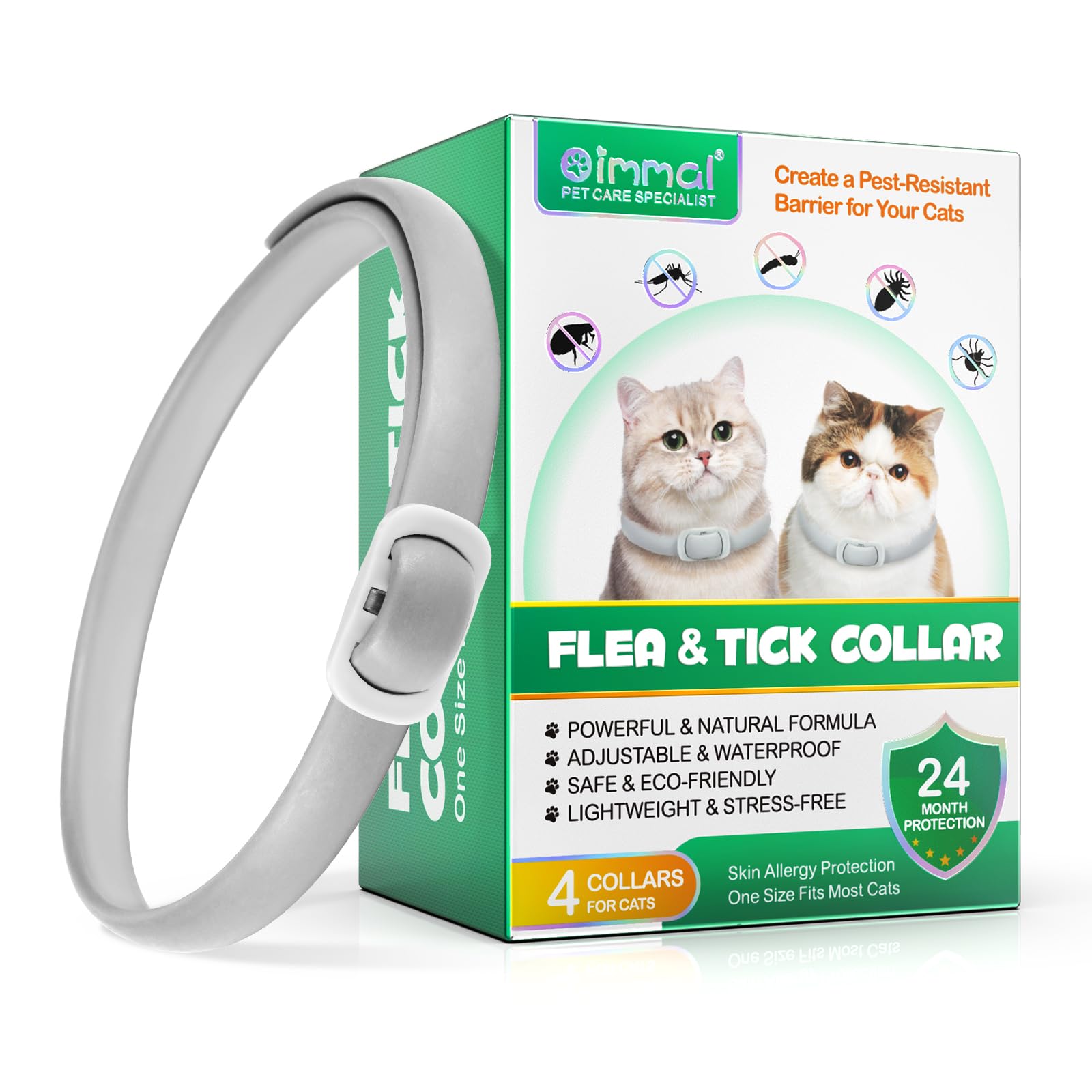 Collares de Pulgas de Gato, Collar de Pulgas de 4 Paquetes para Gatos con 24 Meses de Protección Efectiva, Tratamiento de Pulgas Gato, Impermeable, Ajustable, para Gatitos, Gatos Grandes