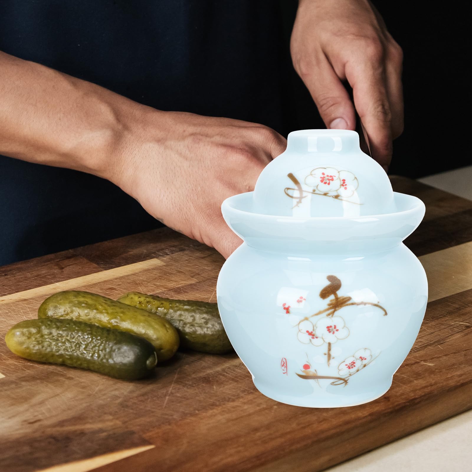 SUPVOX Bocal à Cornichons Chinois en Céramique Double Couvercle Hermétique, Conserve L'humidité, sans Bavures, Cuisine Salle à Manger