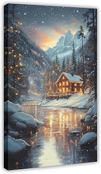 Nordic Christmas Aurora Snow Scene Wall Art Cozy Cabin with Pine Forest And Twinkling Lights Magical Winter Decor Canvas Poster Wall Art Decor Print Picture Paintings for Living Room Bedroom Decor