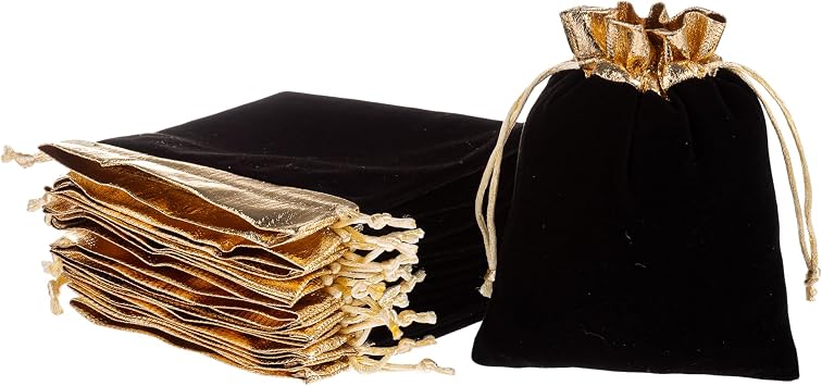 YoungJewl 30Pcs Black Velvet Bags with Drawstrings Gold Trim Velvet Jewelry Pouches for Jewelry Wedding Candy Birthday Christmas Gift bags 3 sizes mixed,2.8"x3.6",4"x4.8",4.8"x6"