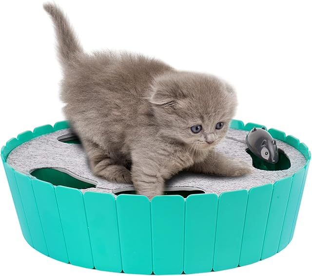 Pawaboo Cat Toy with Running Mouse, Electric Interactive Motion Cat Toy Automatic Rotating Teaser Pop and Play Hide and Seek Hunt Peekaboo Cat Toy for Pet Cat Kitten Play Fun Excercise, Lake Blue