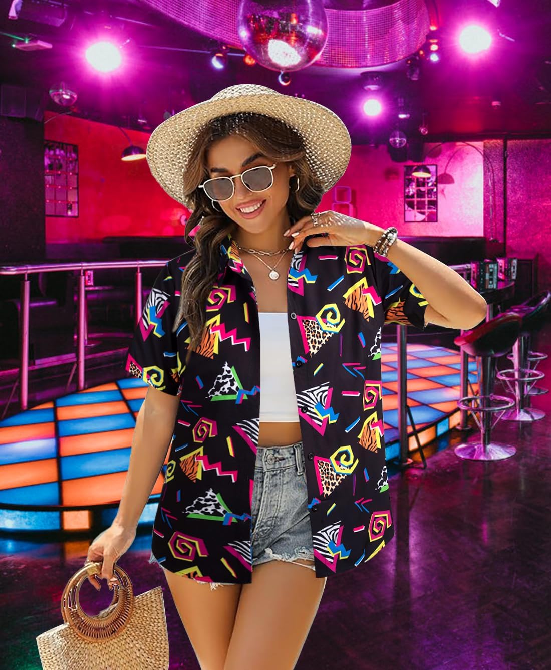 80s 90s Outfits for Women 80's Retro Theme Party Shirt 80s Hawaiian Shirt Neon Hawaii Button Down Short Sleeve Tops - Image 4