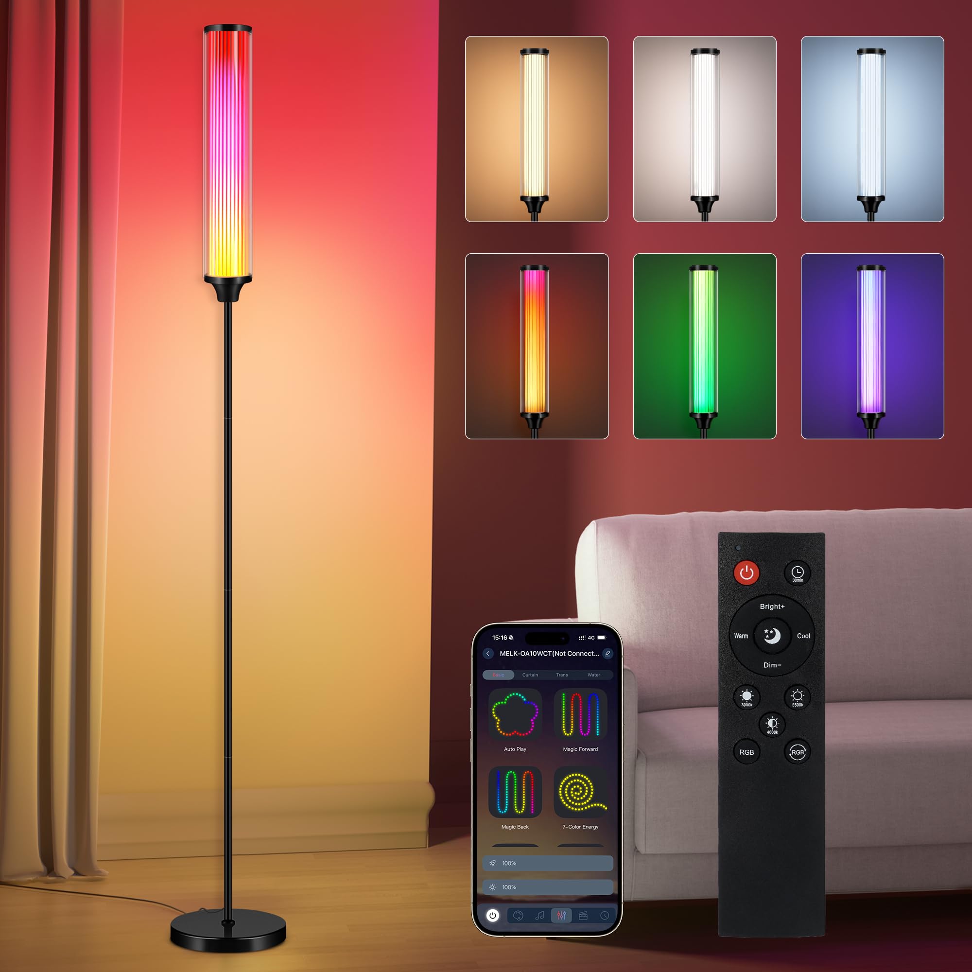 FRIDEKO HOME Floor Lamp, Smart RGBCW LED Color Changing Floor Lamps for Living Room & Gaming Decor, Standing Lamp with App & Remote Control, Tall Corner Lamp for Bedroom Party,12W 1500LM, Black