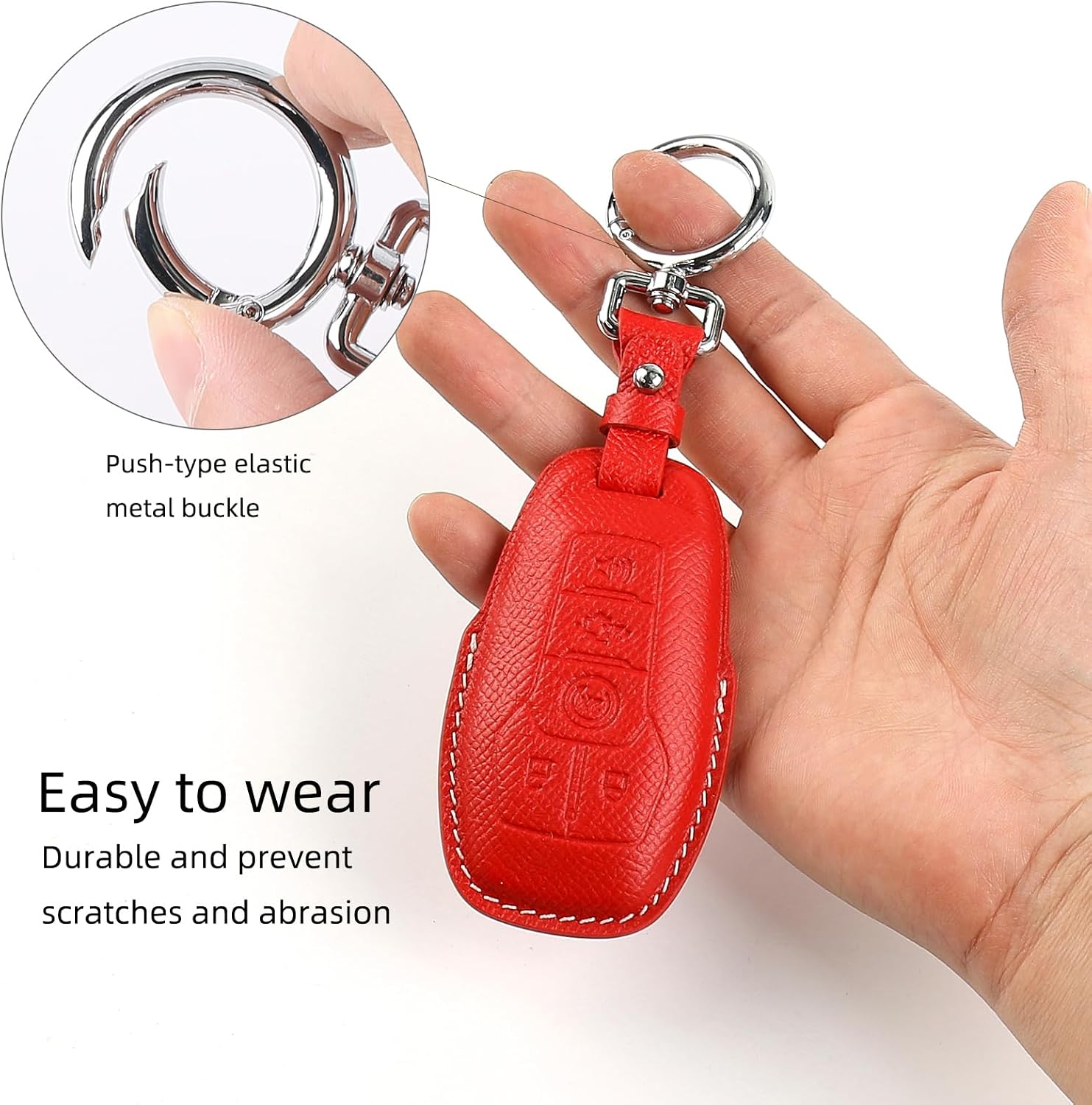 Leather Key Fob Cover with Keychain, Compatible with 2013-2016 Ford Fusion, 2015-2017 Ford Mustang, and F-150 Explorer Smart Key (Red)