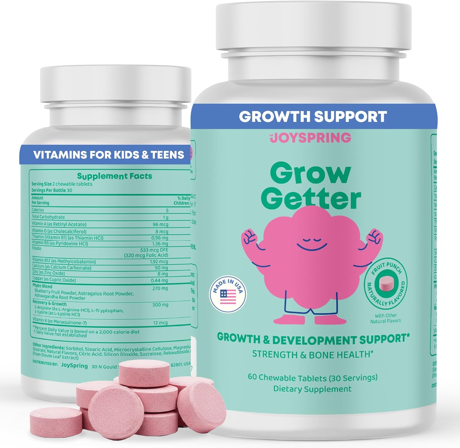 JoySpring Growth Vitamins for Teens & Height Support for Kids - Encourages Stronger Bones & Healthy Natural Growth - Sugar Free - L-Arginine, L-Lysine, Zinc, Vitamin D & K2-30 Servings