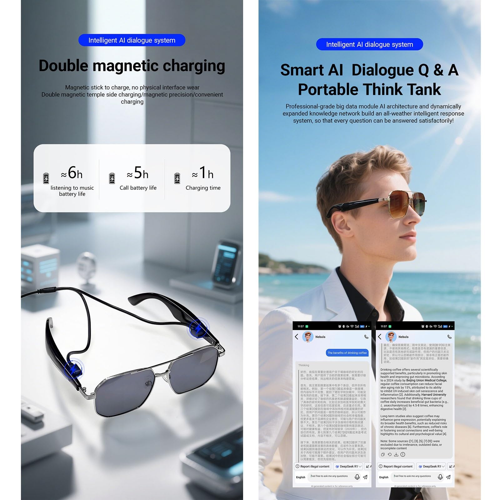 Lunettes Connectées Avec AI, Lunettes Musicales Bluetooth Avec Plus 100 Traductions, Verres Dégradés Anti-lumière Bleue, Lunettes Audio Avec Appels Mains Libres, Lunettes Casque(Blue)