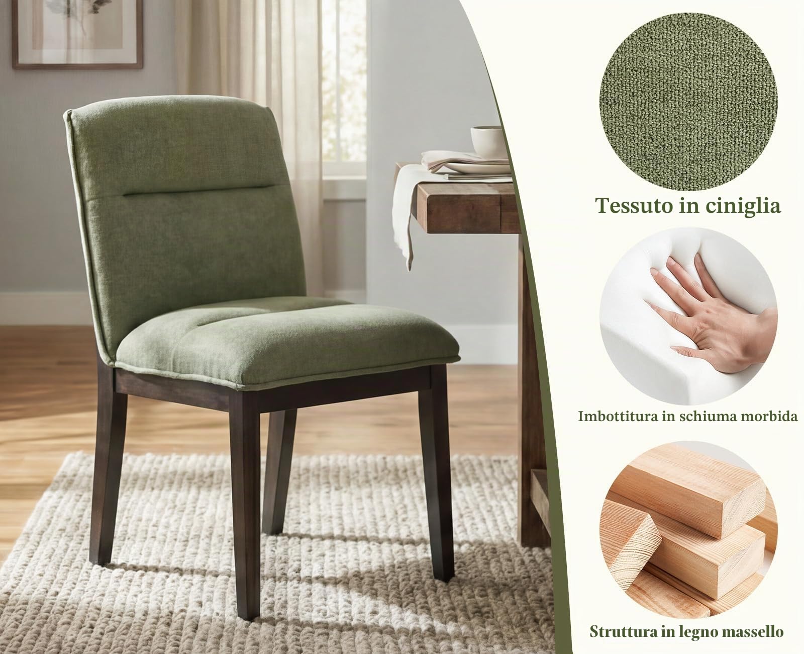 chairus 4 PZ Sedie Cucina in Tessuto con Gambe in Legno, Verde