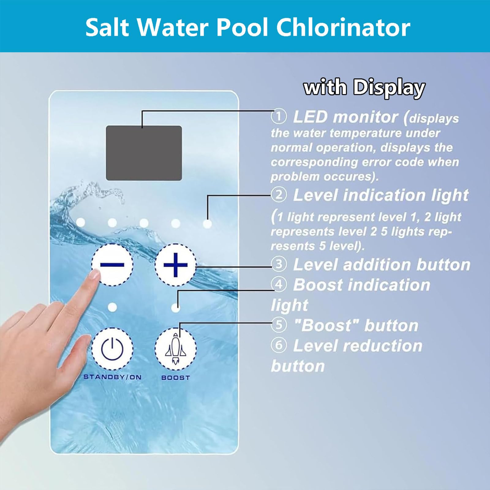 Clorador de agua salada para piscina, limpieza automática, detección de nivel de agua, incluye gafas de seguridad, salida: 8 g/h a 20 g/h