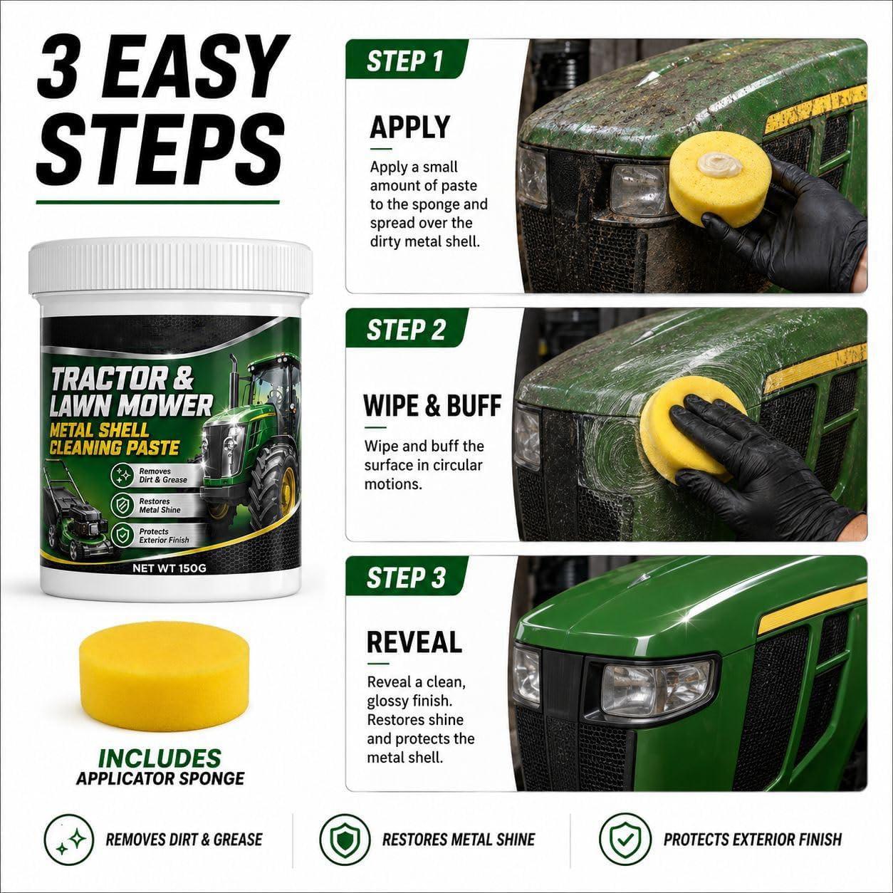 Tractor & Lawn Mower Metal Surface Cleaning Paste, Metal Polish Paste, Heavy Duty Mower Cleaner Degreaser, Farm Equipment Cleaner, for Lawn Mower