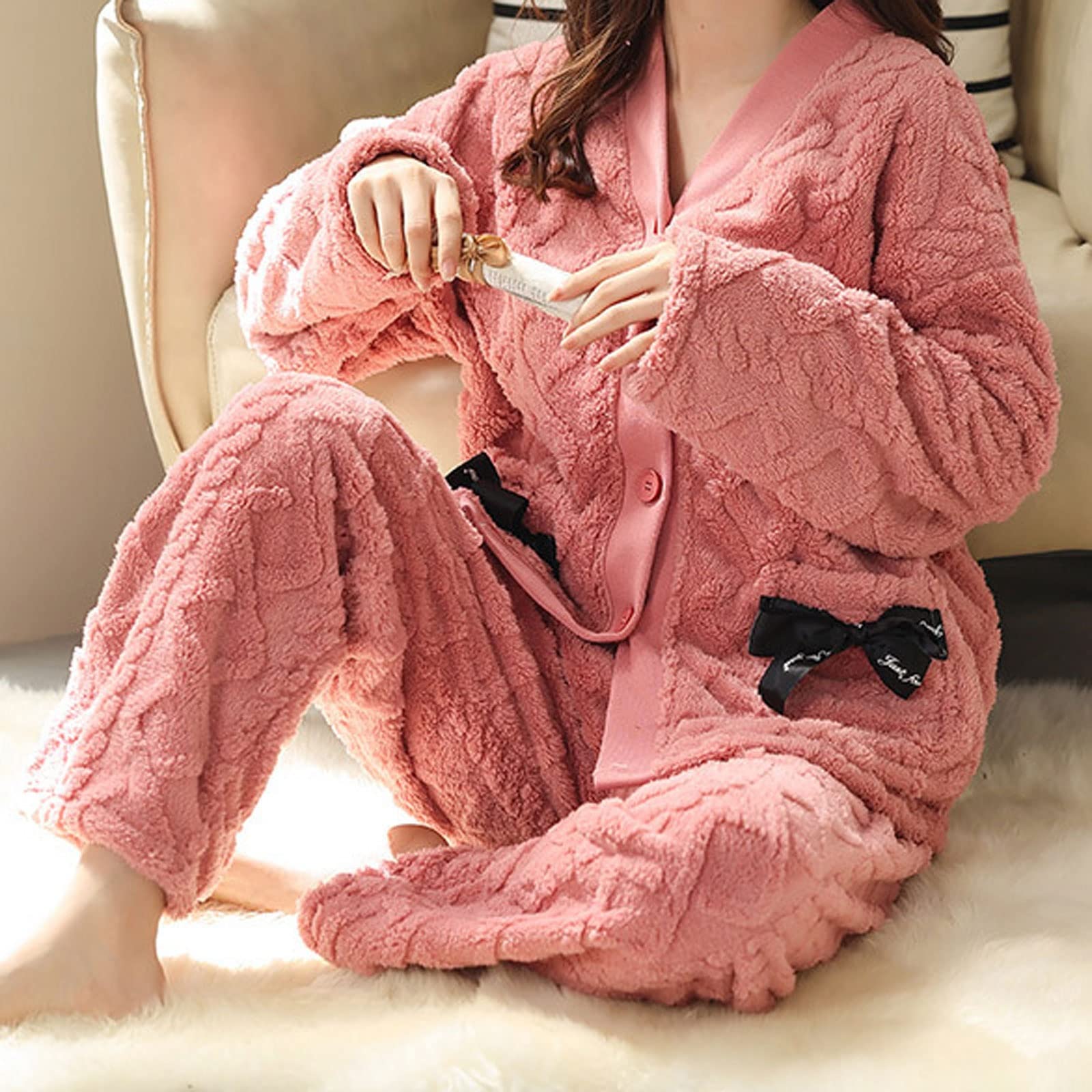 Zestaw piżam damskich Miękka bielizna nocna Pjs Flanelowa ocieplana piżama damska zimowa piżama zestaw bielizna nocna damska odzież domowa na co dzień PJ Set Loungewear Bielizna nocna (Color : E, Si