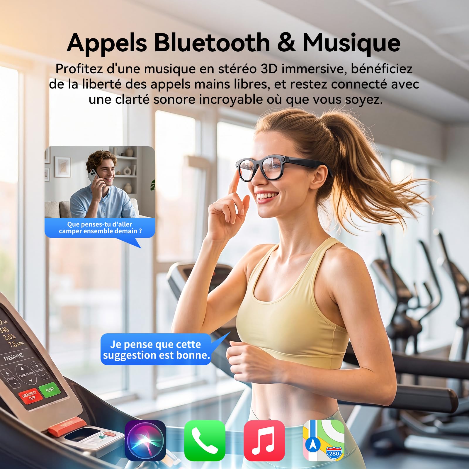 Lunettes Intelligentes AI, Lunettes de Traduction, Verres 3 Couleurs Interchangeables, Protection UV, Appareil Photo HD avec Flash LED, Assistant Vocal, pour Courir, Rouler, Réunion d'affaires