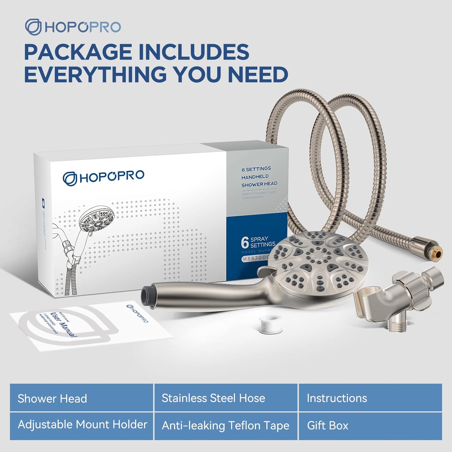 6-Mode High Pressure Handheld Shower Head Set, Consumer Reports Recommended HOPOPRO High Flow Hand Held Showerhead with 59 Inch Hose Bracket Teflon Tape Rubber Washers