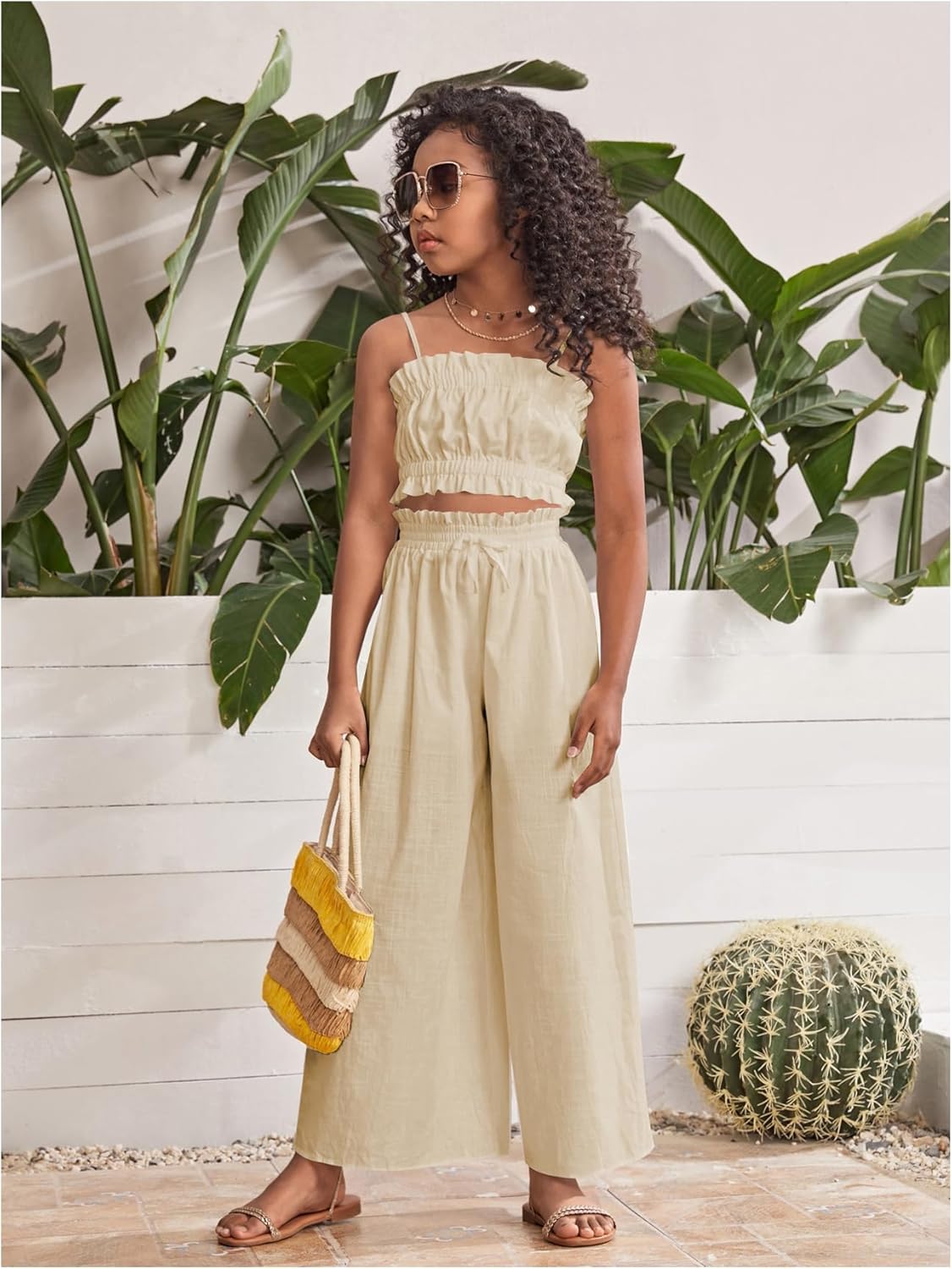 Floerns Girl's 2 Piece Set Ruffle Trim Cami Tops with Paperbag Waist Wide Leg Pants - Image 3