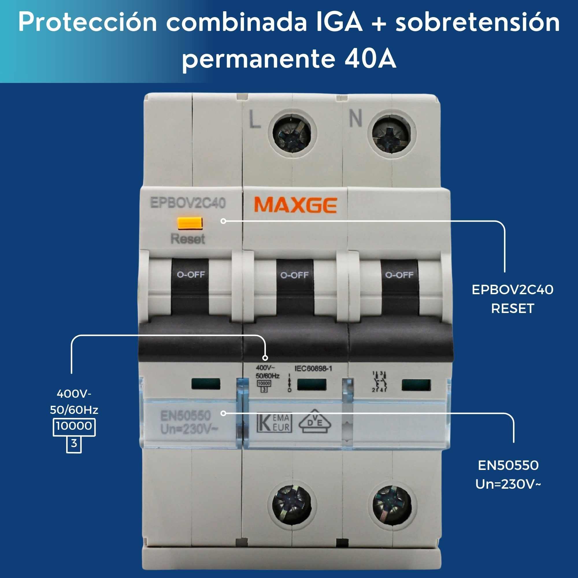 TECHZOCO Protección combinada IGA + sobretensión permanente, Protector monofásico, Protección contra sobretensiones, Norma EN50550, Curva C, Rango de actuación 170V a 280V, 6kA, 2 Polos. 40A