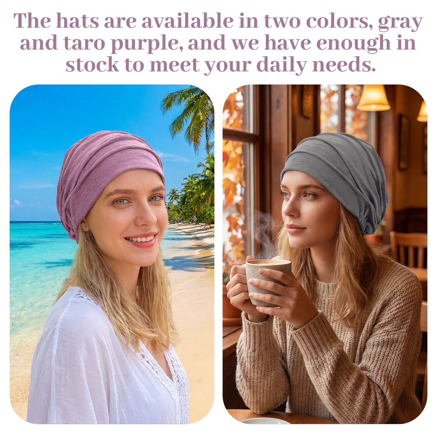 Pack de 2 Turbantes de Algodón para Mujer, Gorros Quimioterapia Transpirables, Pañuelo de Cabeza para Pérdida de Cabello (Rosa y Púrpura)