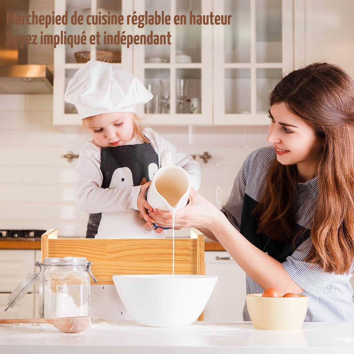 Tour d'apprentissage pour Enfants avec Filet de Sécurité, Marchepied de Cuisine Réglable 3 Niveaux, Chaise Montessori