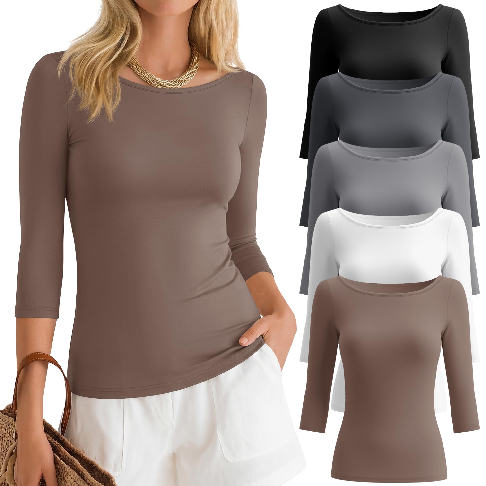 5 Pack Womens Boat Neck 3/4 Sleeve Tops