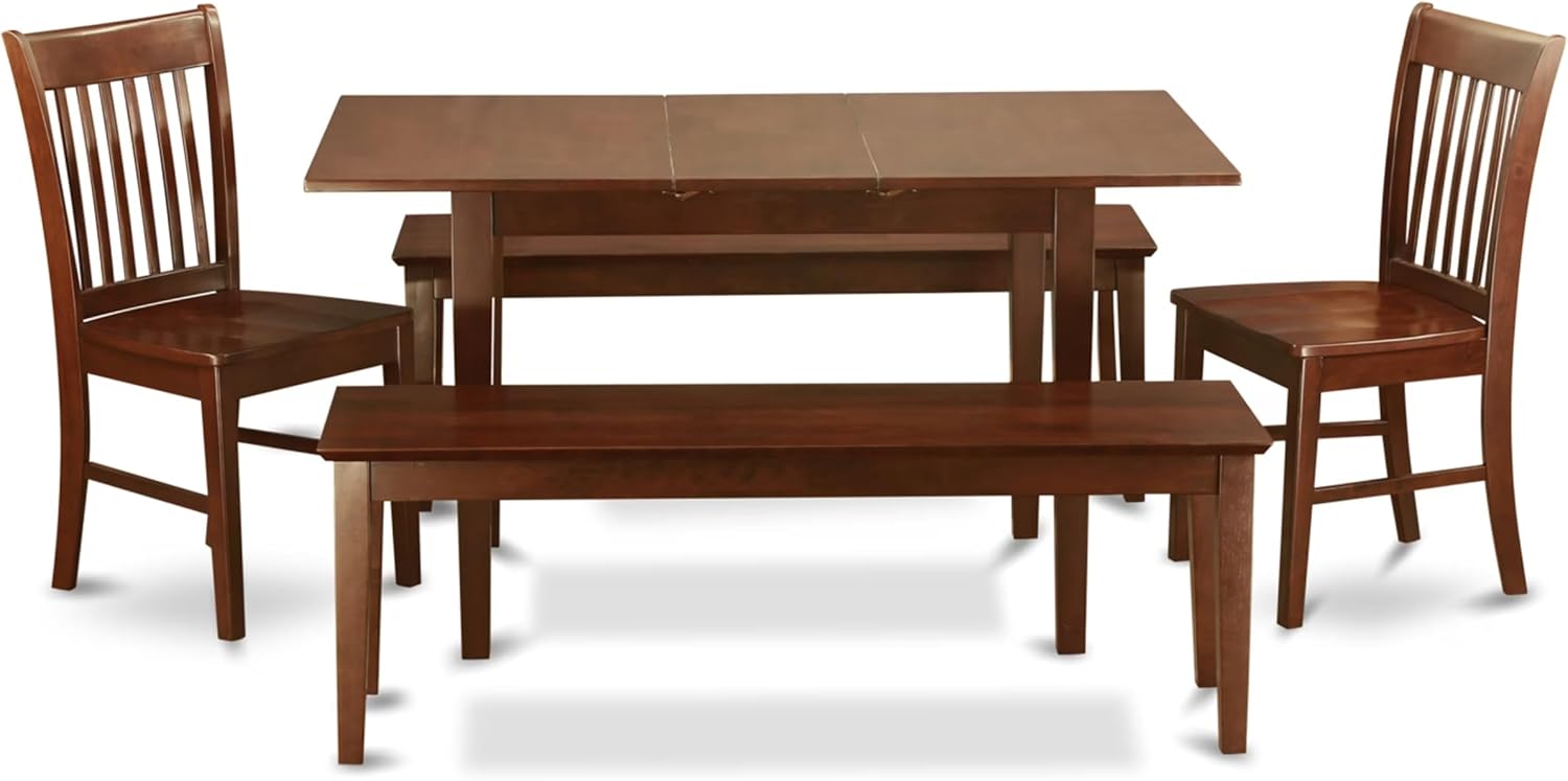 East West Furniture NOFK5C-MAH-W 5 Piece Dining Set Includes a Rectangle Dining Table with Butterfly Leaf and 2 Kitchen Chairs with 2 Benches, 32x54 Inch, Mahogany