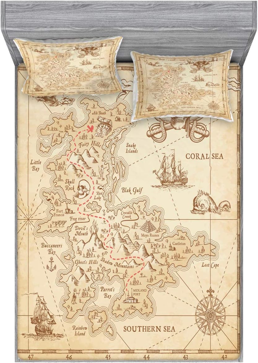 Ambesonne Island Fitted Sheet & Pillow Sham Set Old Antique Treasure Map Details Retro Color Adventure Sailing Print for Pirate Themed Bedroom Decor Printed 3 Piece Bedding Decor Set Full, Cream Beige