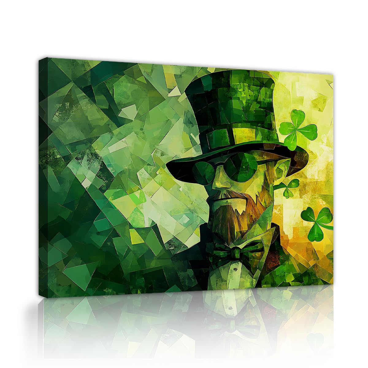 TOANGWALL St. Patrick's Day obraz na płótnie geometryczny człowiek zielony cylinder okulary przeciwsłoneczne abstrakcyjny styl mozaika liście malarstwo ścienne wydruki do dekoracji biura 85 x 100 cm