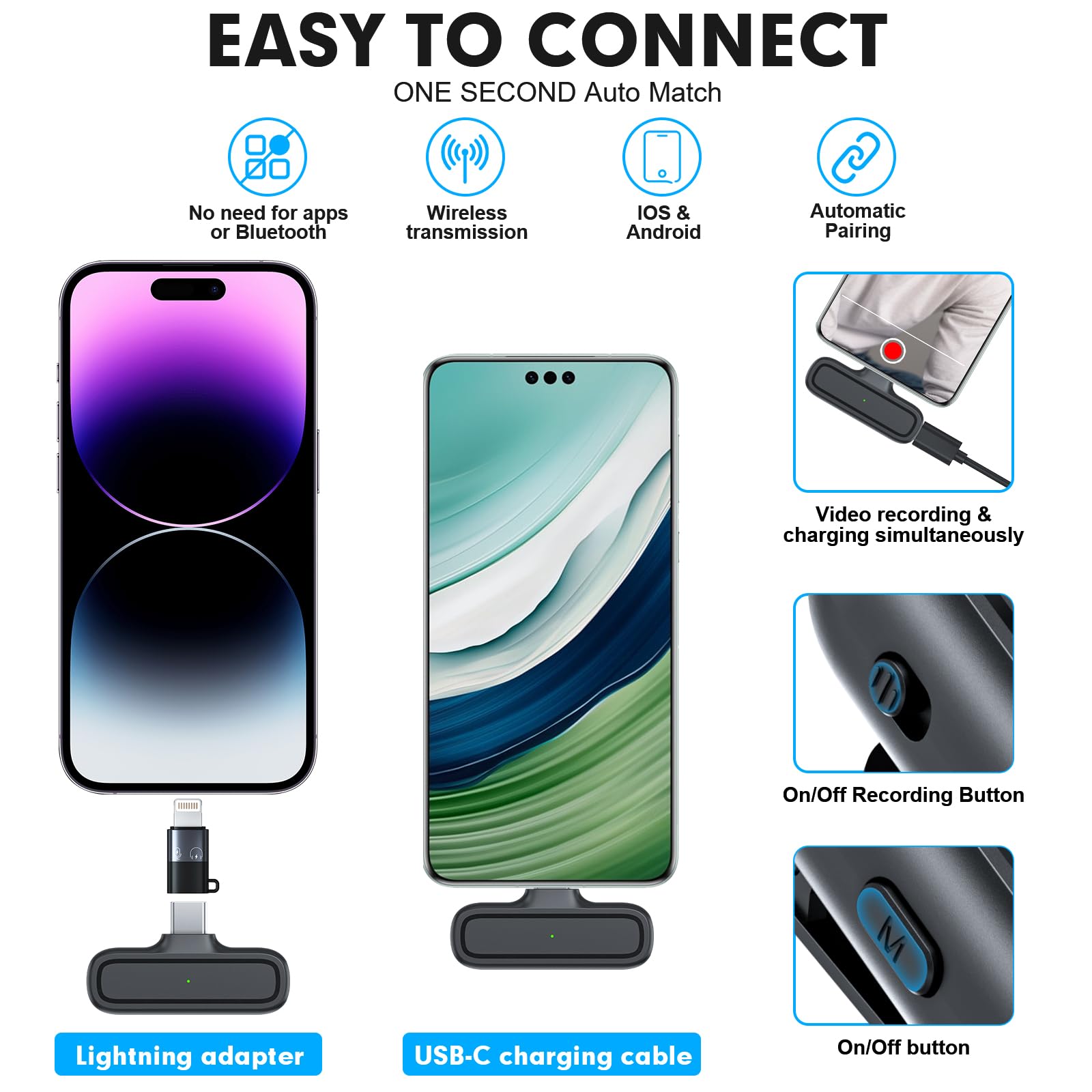 Microfono Lavalier wireless per iPhone Android Camera USB-C con custodia di ricarica, cancellazione del rumore, mini microfono wireless per YouTube, TikTok, Vlog, Game Live Streaming, interviste