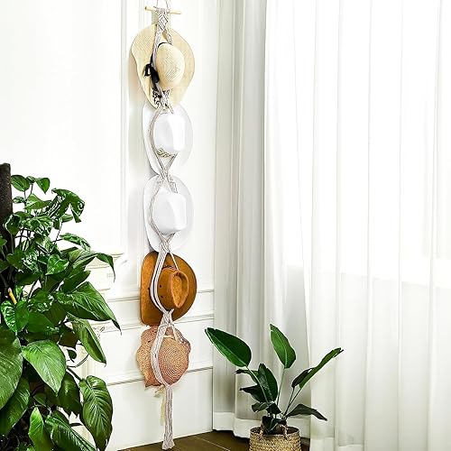 Miniatura 5 de Paquete de 2 percheros de macramé para pared, organizador bohemio para sombreros, exhibidor colgante, tejido a mano, soporte decorativo para gorras
