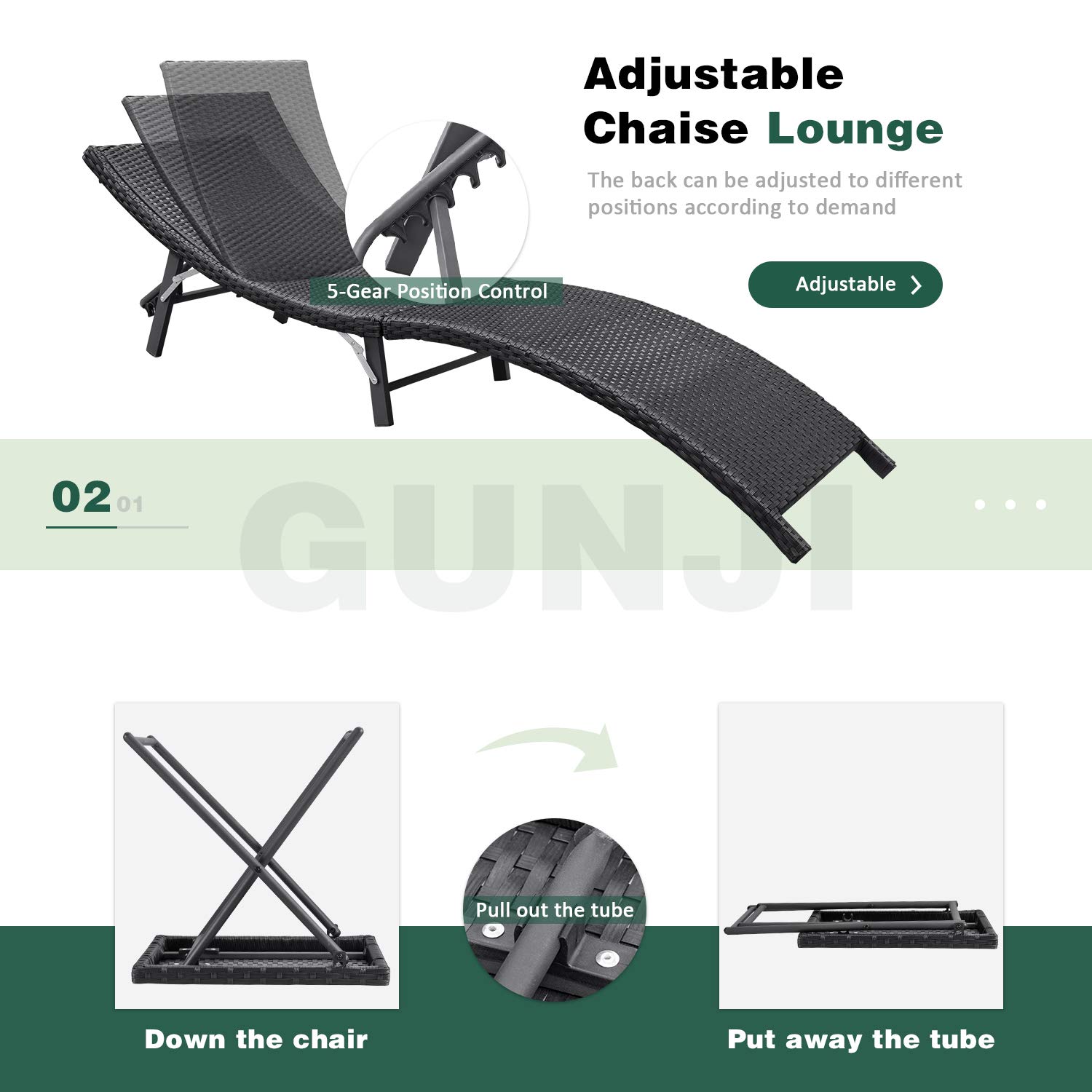 GUNJI Chaise Lounge Chairs for Outside 3 Pieces Patio Adjustable Lounge