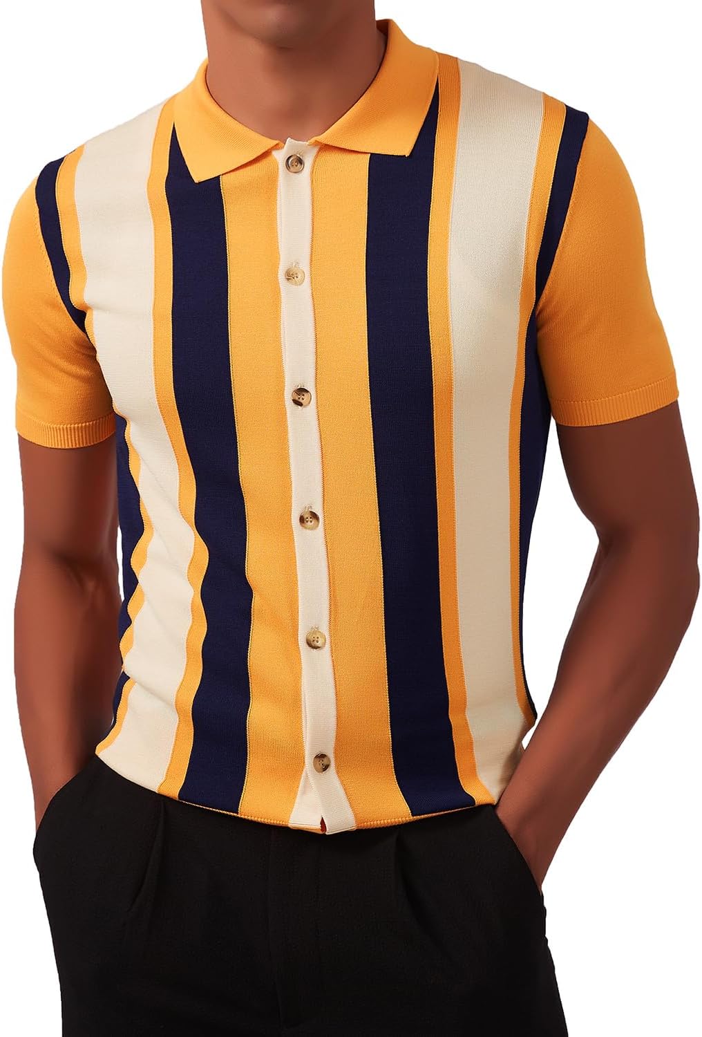 Kallspin Men's Vintage Knit Polo Shirt Short Sleeve Striped Button Down Knitting Golf Shirts