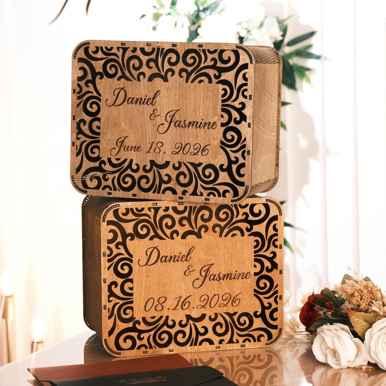 EMC Personalized Wood Card Box for Wedding & Engagement – Rustic Wedding Card Holder with Slot – Bridal Shower, Baby Shower & Birthday Decor