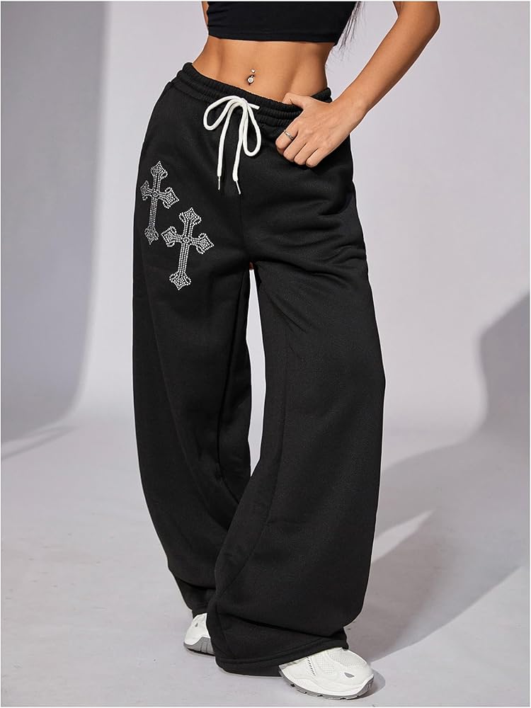 Amazon.com: WDIRARA Women's Rhinestone Drawstring Waist Wide Leg