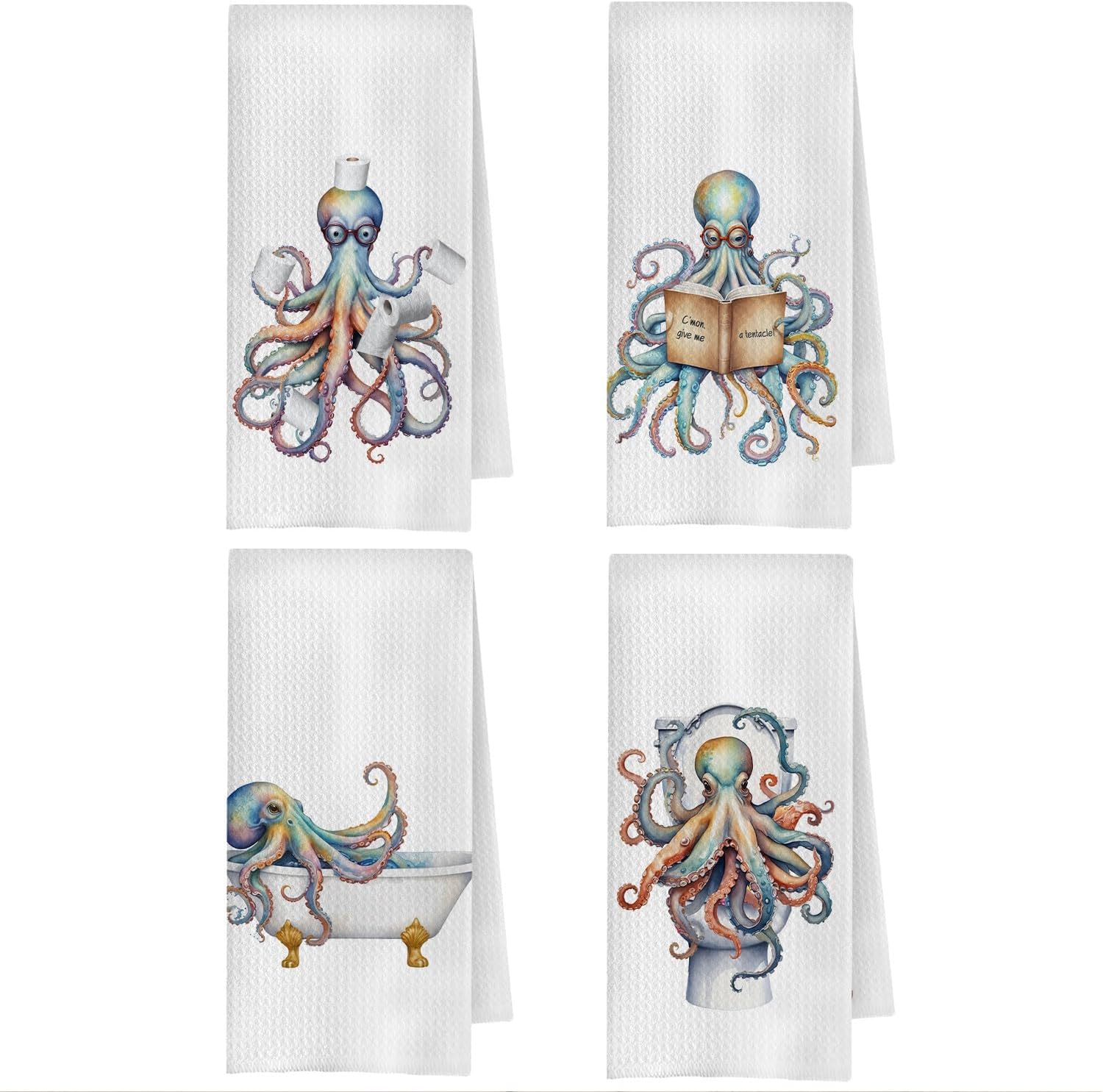 Funny Octopus Bathroom Hand Towels, Coastal Beach Bathroom Decor, Ocean Octopus Nautical Beachy Decorative Hand Towels for Washroom Toilet Restroom, 16x24 Inches Set of 4