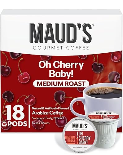 Maud's Café con sabor a cereza (Oh Cherry Baby!), 18 ct. Cápsulas de café reciclables con sabor a cereza de una sola porción producidas por energía