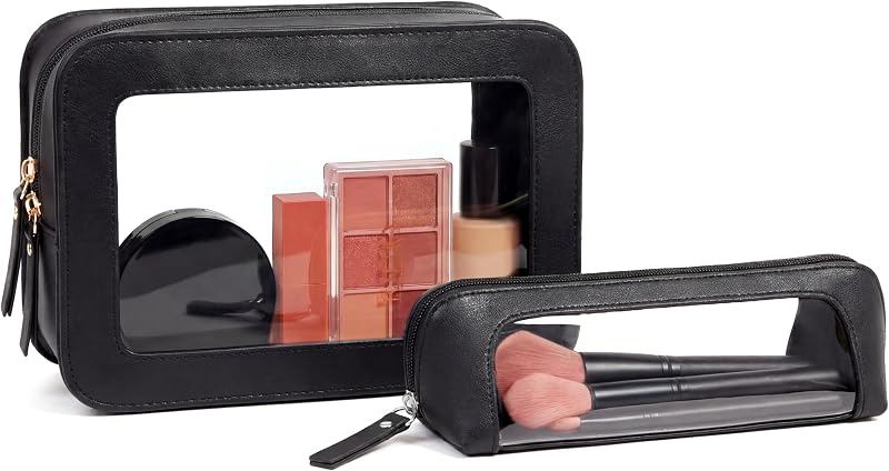 Necessaire transparente para maquiagem LETGO com estojo para pincéis, zíper, PU, Dual Black, conjunto com 2