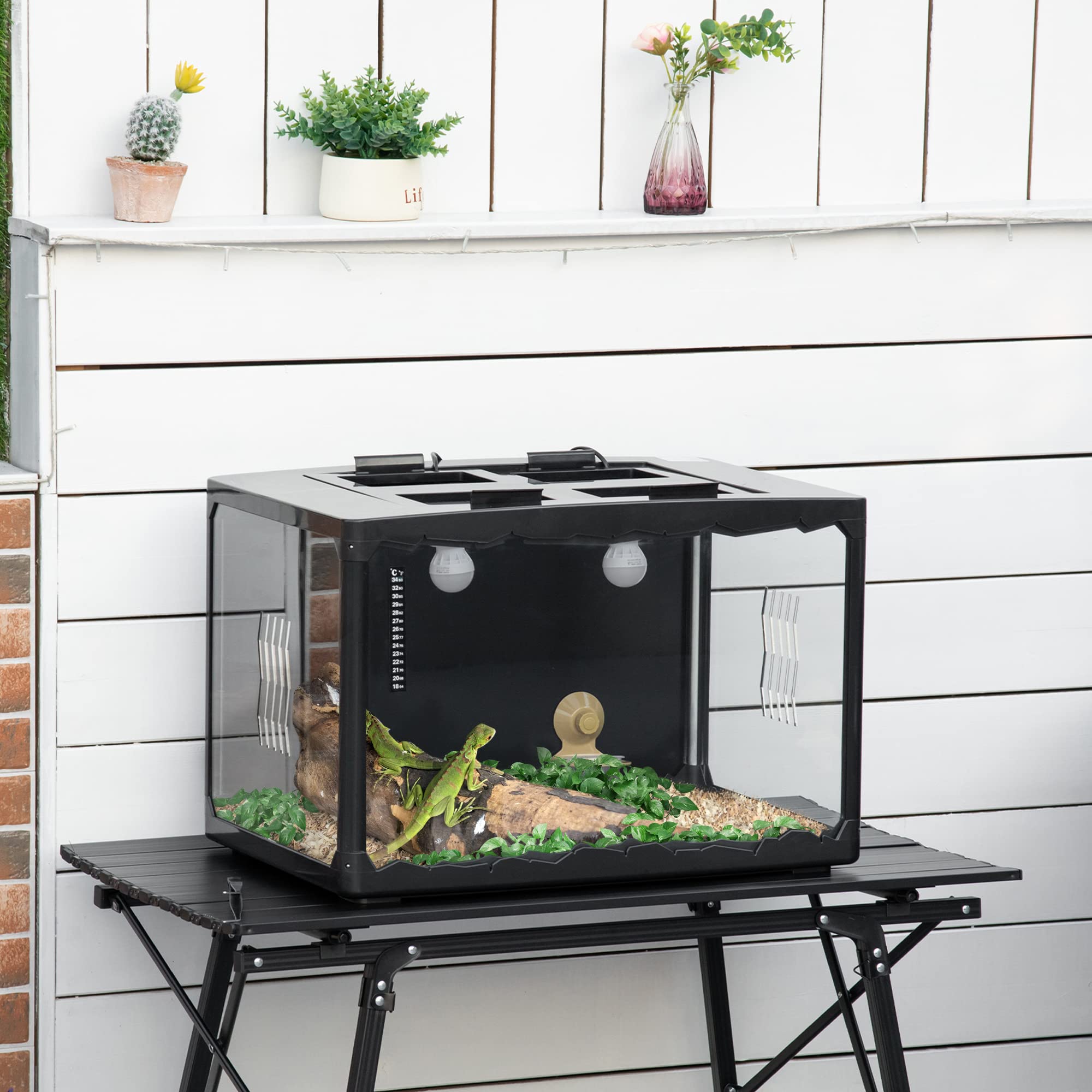 PawHut Terrario para Reptiles Caja de Alimentación de Insectos de Acrílico con Comedero Termómetro 2 Portalámparas E27 e Interruptor para Lagarto Camaleón 60x40x40,5 cm Negro