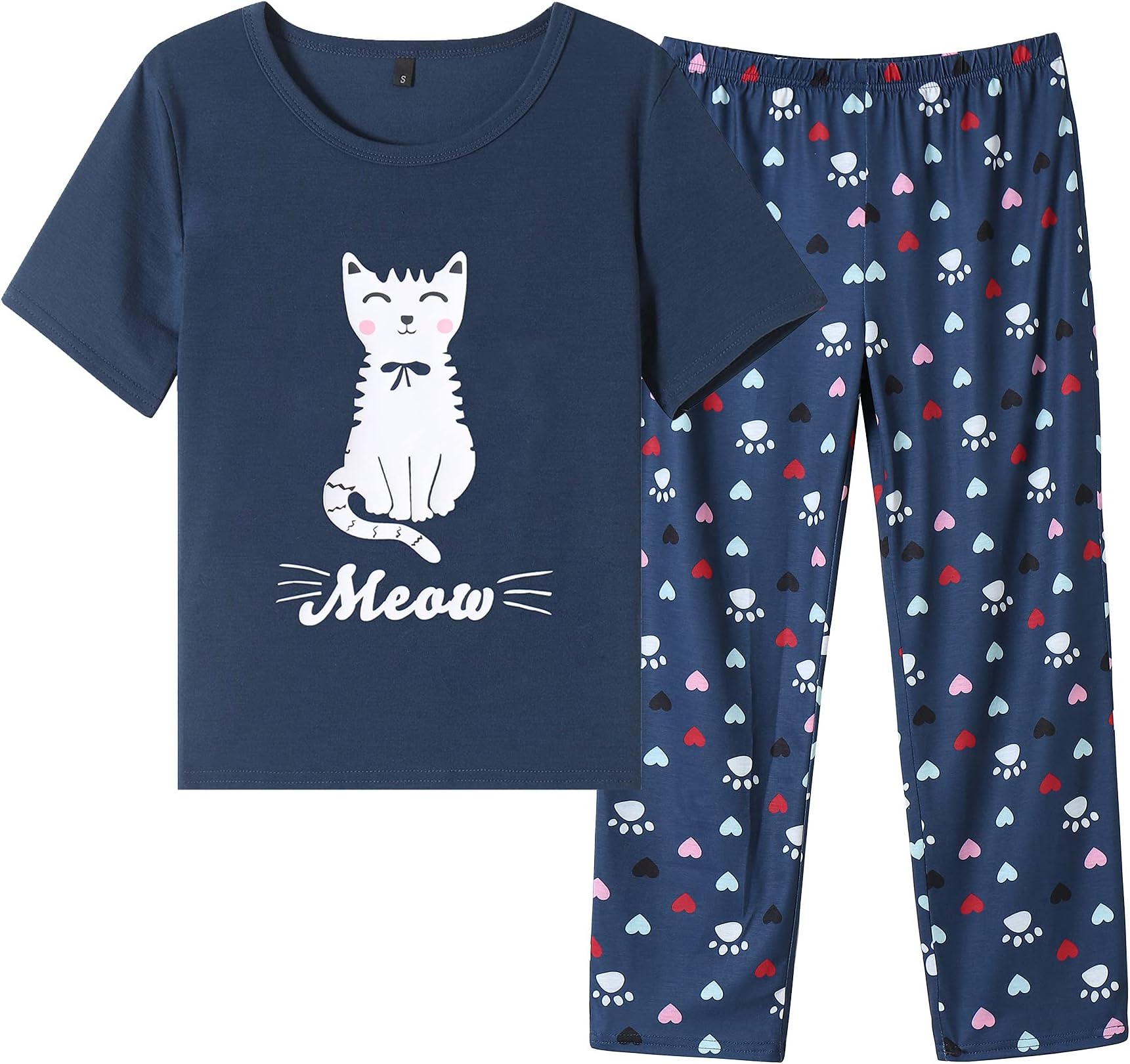 Big Girls' Short Sleeve Long Pants Pajama Sets 2PCS Cartoon Pattern & Letters Printed Sleepwear Lounge for Teens