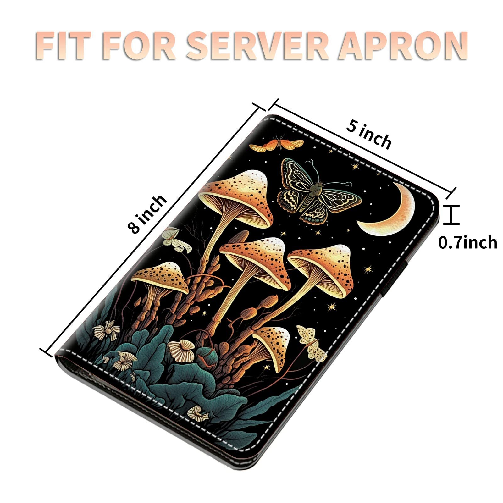 Server Books for Waitress Waiter with Zipper Pocket, Mushroom Moth Moon Leather Server Pads Waitstaff Organizer Guest Check Presenters Server Wallet Money Holder Pouch Fit Apron