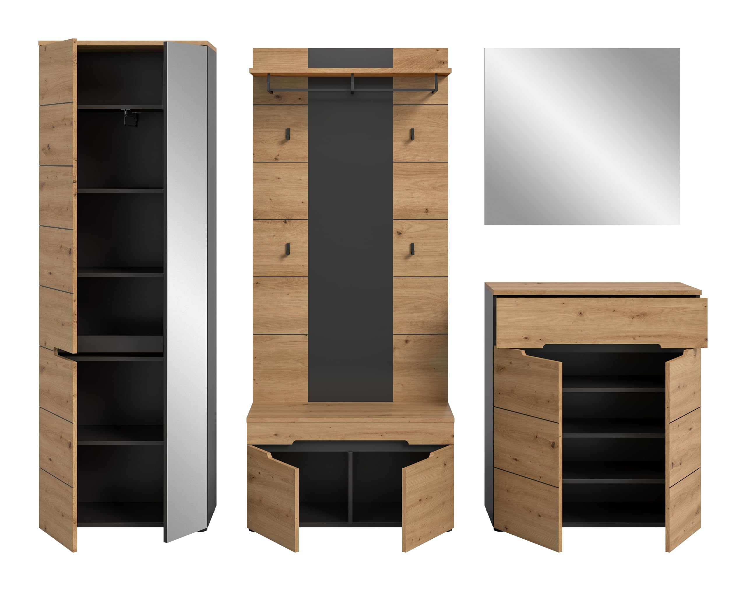 xonox.home - Garderobenkombination Canu 5tlg. 255x190x37 cm in Korpus Basalt grau Nb., Front Artisan Nb. - Garderobenschrank Garderobenmöbel Flurmöbel-Set Flursystem Stauraumlösung