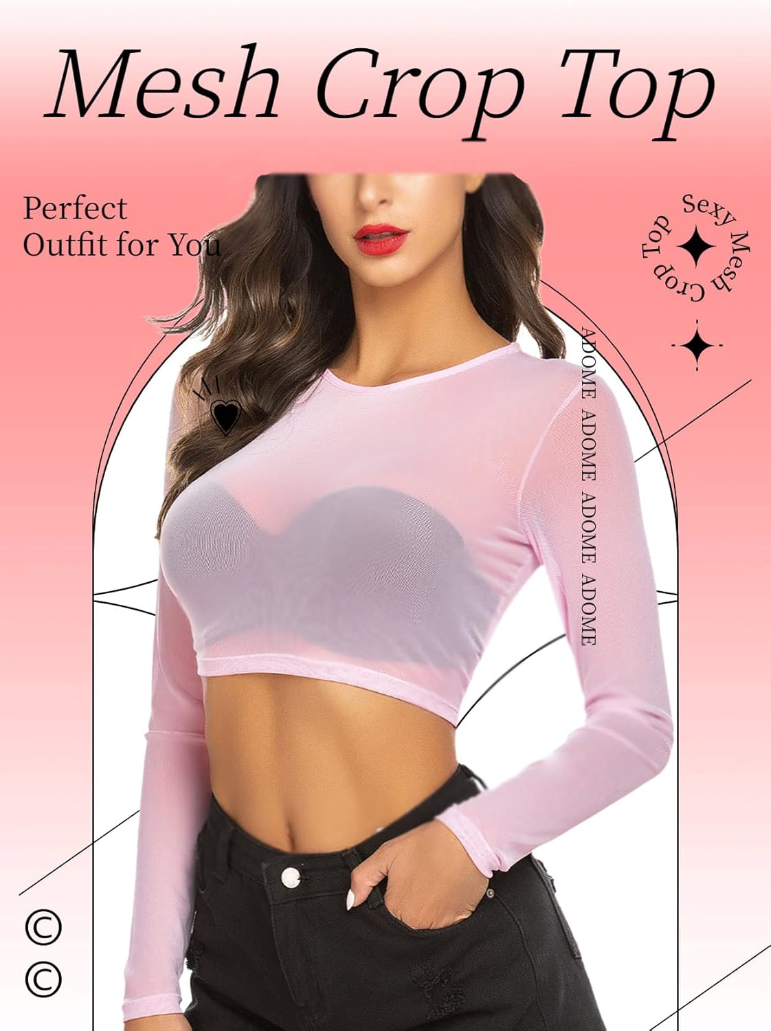 ADOME Mesh Crop Top Sheer Tops for Women See Through Shirt Long Sleeve Basic Crop Top S-4XL - Image 2