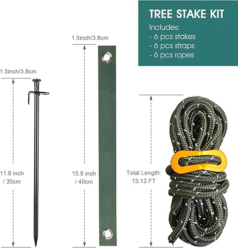 Miniatura 4 de Fetanten - Juego de estacas para árbol de acero resistente de 11.8 pulgadas para apoyar árboles contra viento fuerte, con 6 correas y cuerda (13.12