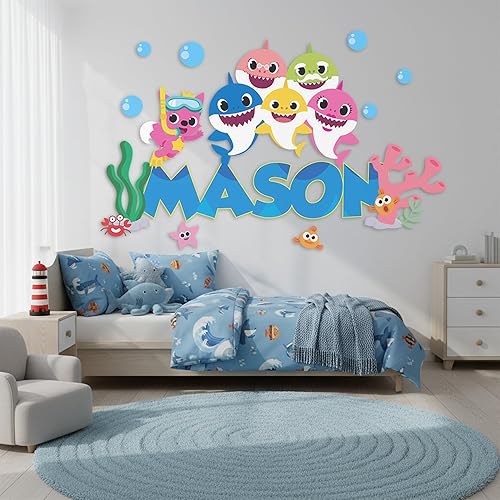 Miniatura 3 de Calcomanías de pared de tiburón bebé, calcomanías personalizadas, colores brillantes, calcomanía de tiburón bebé, nombre personalizado, calcomanía