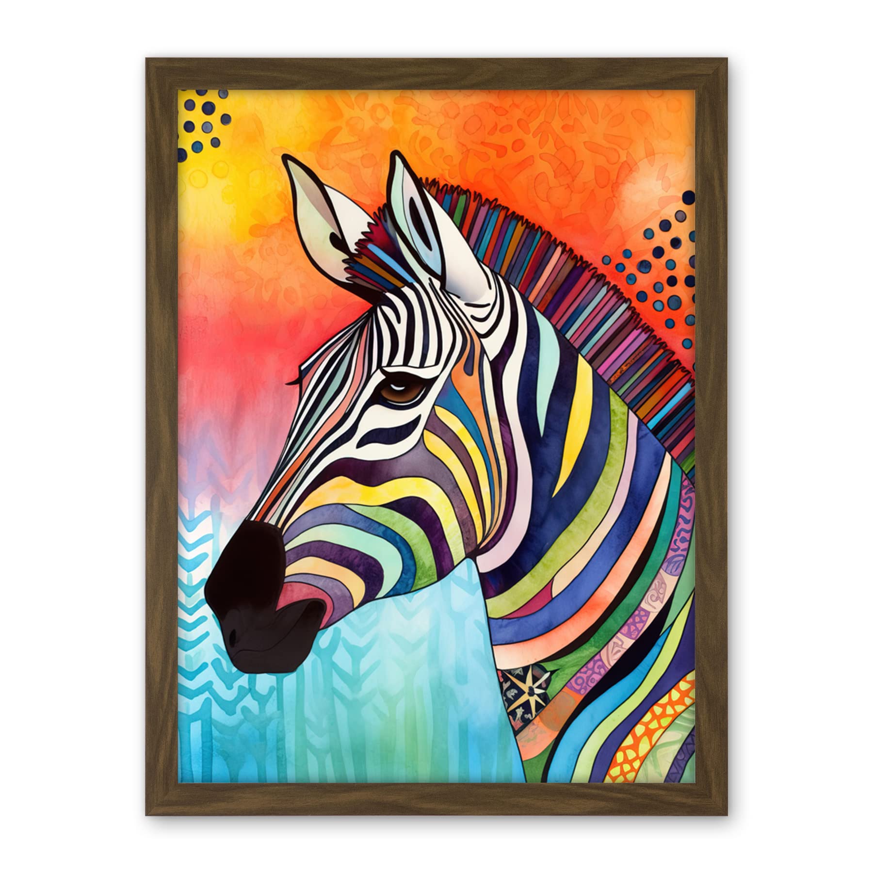 Artery8 Zebra Folk Art Bright Multicoloured Artwork Framed Wall Art Print 18X24 Inch