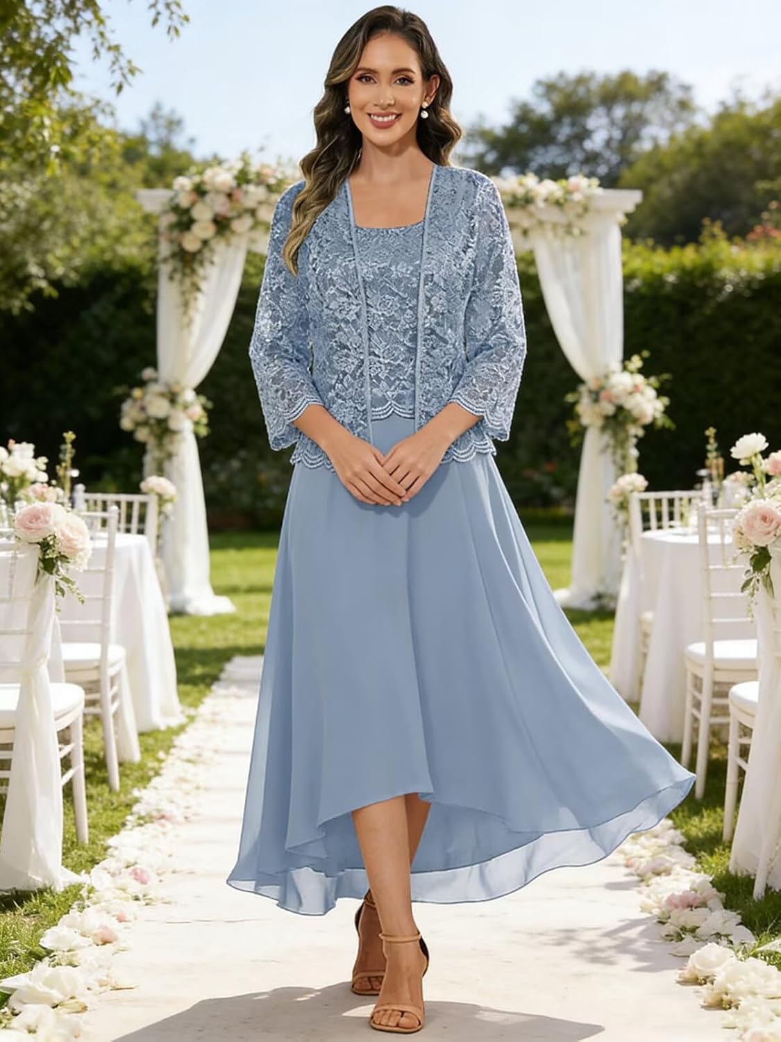 2 Pieces Tea Length Mother of The Bride Dresses with Jacket Chiffon Lace Formal Evening Gown