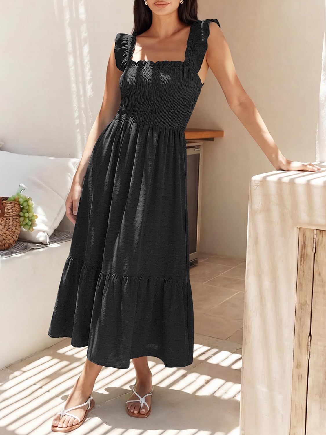 Caracilia Womens Summer Casual Maxi Dress Ruffle Spaghetti Strap Gingham Smocked Long Dresses 2026 Spring Vacation Sundress - Image 5