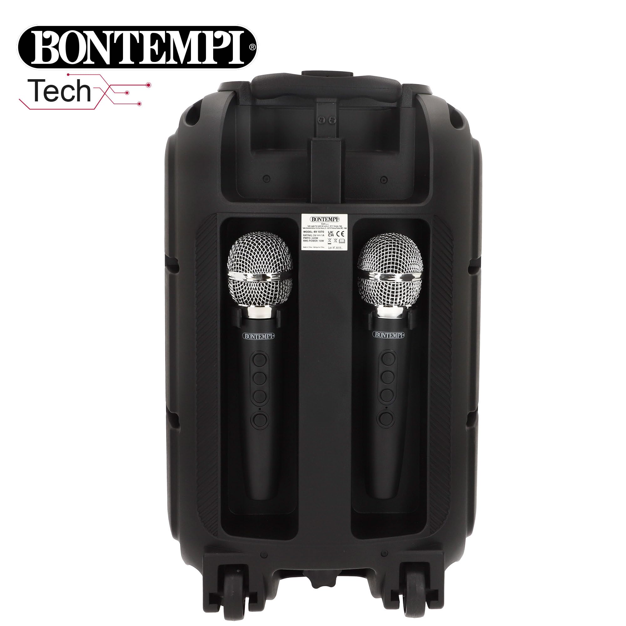 ColorBaby Bontempi Altavoz Maleta inalámbrico con Karaoke, 300W de Potencia, 2 micrófonos, Luces RGB, Radio, Pantalla, Ecualizador de Sonido, Dos Altavoces a la Vez, Batería Recargable USB (39223)