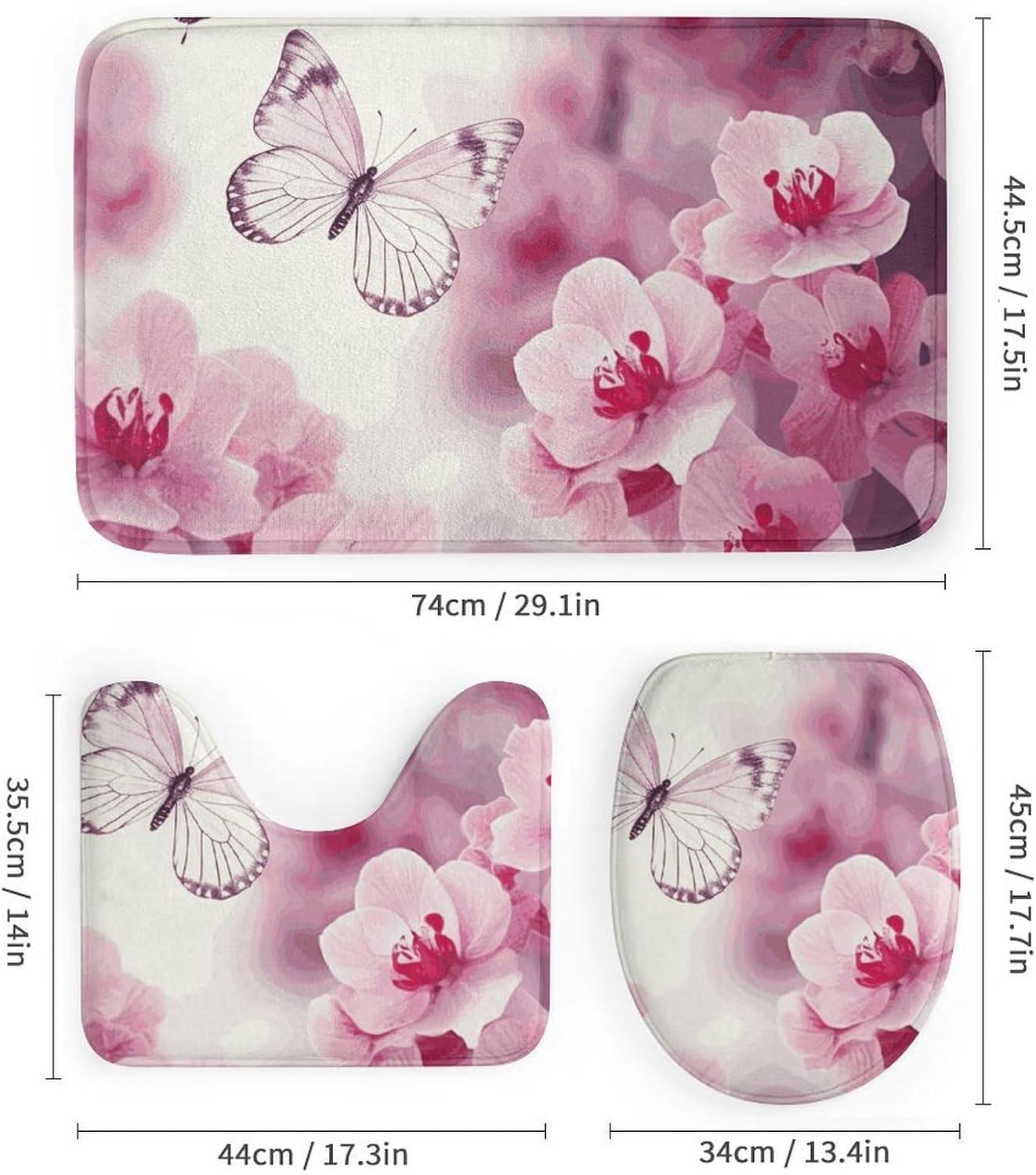 Flowers and Butterfly Shower Curtain Set 4 Piece, Non-Slip Bath Mat with Toilet Lid Cover and Waterproof Shower Curtain with 12 Hooks, Complete Bathroom Set for Home Decor