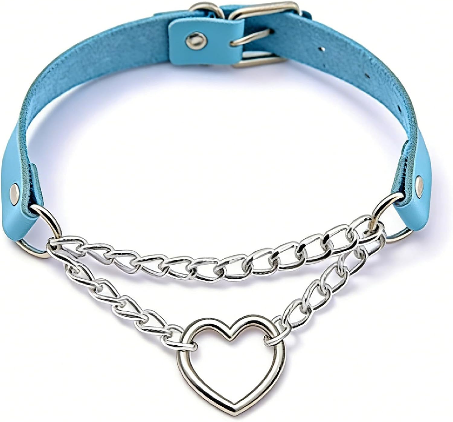 Light Blue PU Leather Choker Necklace with Heart Pendant and Leash Set Gothic Punk Kawaii Play Collar for Women Cosplay Daily Wear