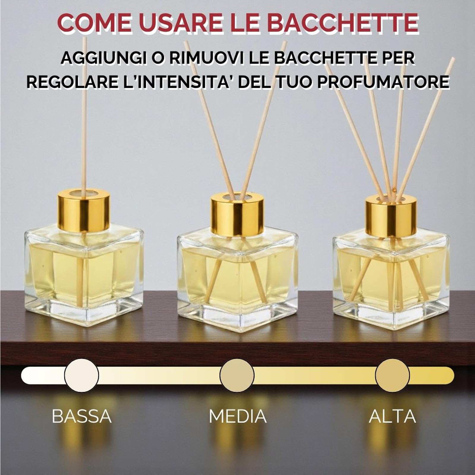 Doni Bomboniere - 50 leere Glasflaschen à 50 ml mit Holzstäbchen für Raumduft - Diffusor für ätherische Öle für Zuhause, Badezimmer, Wohnzimmer, dekorative Möbel (Gold)