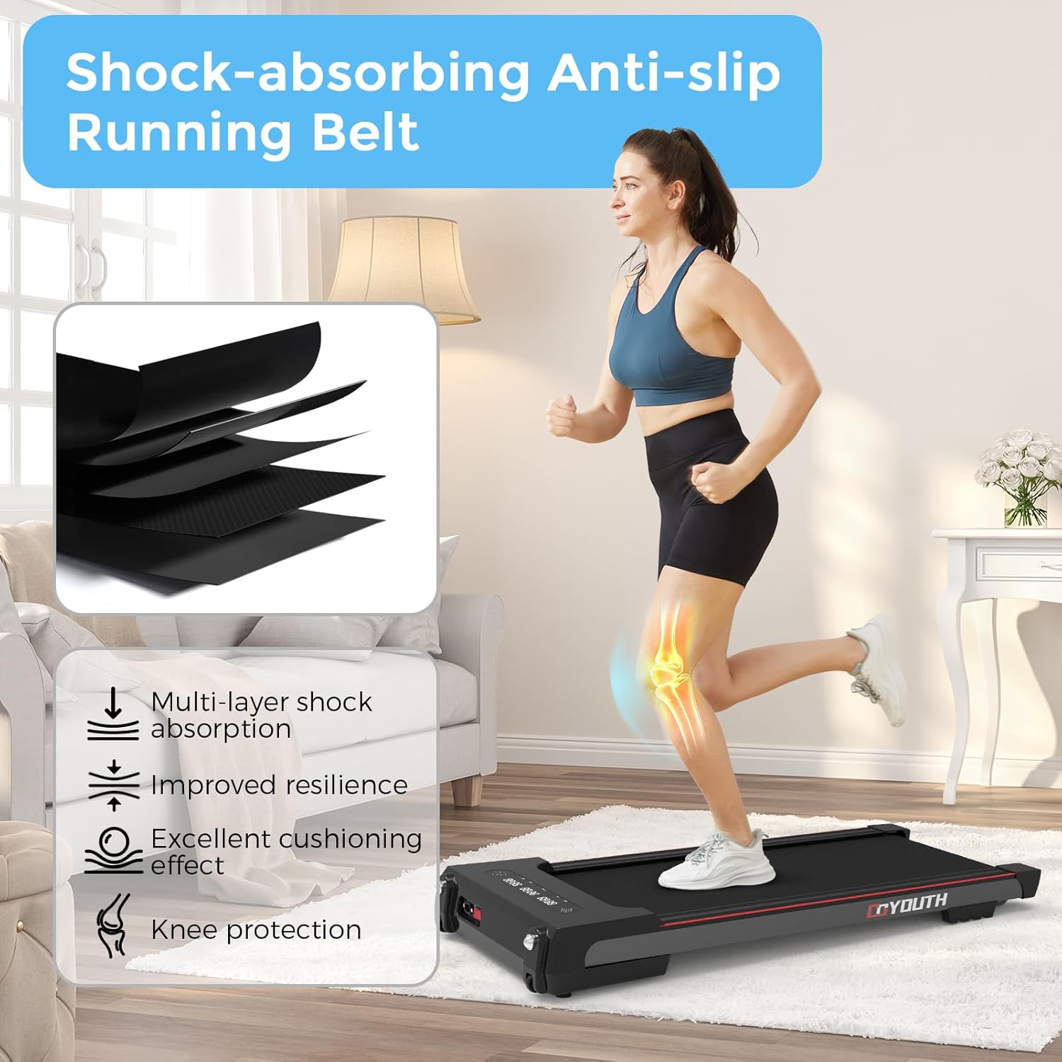 GOYOUTH Walking Pad Treadmill, Under Desk Treadmill for Home Office, Wide Belt Compact Treadmills 300 lbs Capacity, 2.25HP Shock-Absorbing Walking Jogging Running Machine Remote Included