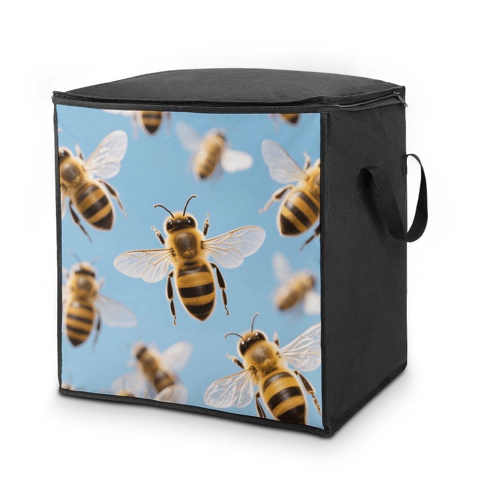Bee Pattern Large Storage Bags with Zippered Storage Organizers Bag Clothes Storages Bins with Lids Foldable Storages Containers with Reinforced Handles for Blanket Bedding