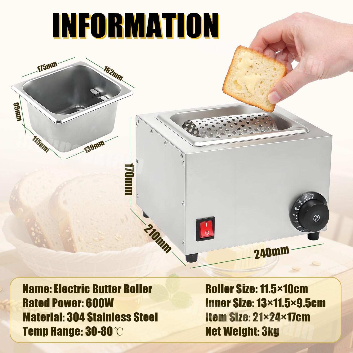 Elettrico Centrifuga per Burro in Acciaio Inossidabile, Macchina a Rulli per Burro, Ruota Spalmatrice per Burro, Spalma Il Burro Uniformemente su Hamburger, Pane E Toast